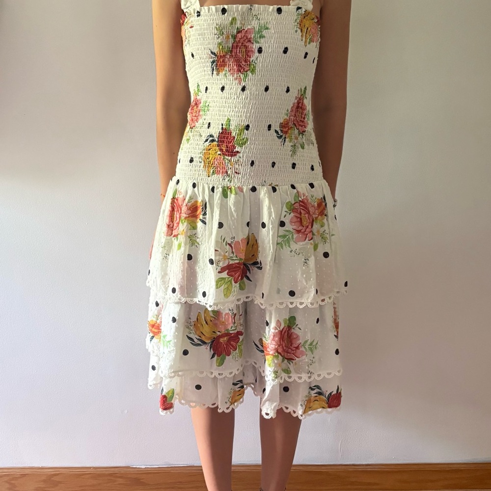 FARM Rio Floral Polka Dot Swiss dot cotton  Midi Dress